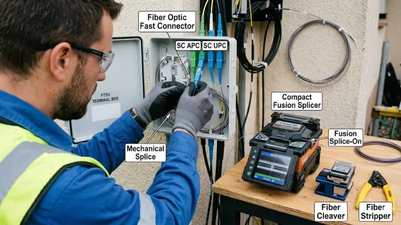 Fiber optic fast connector field installation comparing mechanical splice and fusion splice-on connector methods Fiber optic fast connector field installation comparing mechanical splice and fusion splice-on connector methods