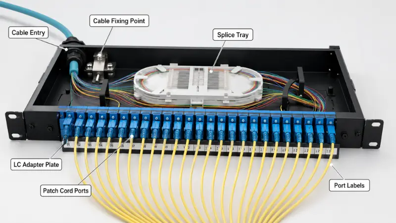 Open 1U fiber patch panel showing LC adapter plate, splice tray, cable entry, patch cord ports, and port labeling for rack-level fiber management.